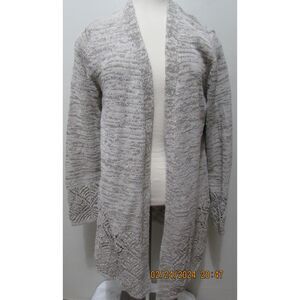 J. JILL SIZE L COTTON BLEND LONG LINED CARDIGAN SWEATER OPEN KNIT BOTTOM BROWN